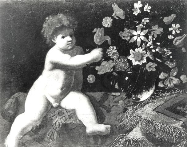 Anonimo — Recco Giacomo; Anonimo napoletano - sec. XVII - Natura morta con vaso di fiori e putto — insieme